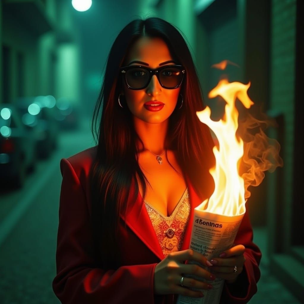 Confident Woman with Flaming Newspaper in Night Street