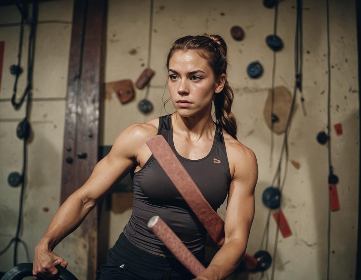 Female Climber in Dynamic Gym: Film Noir Style