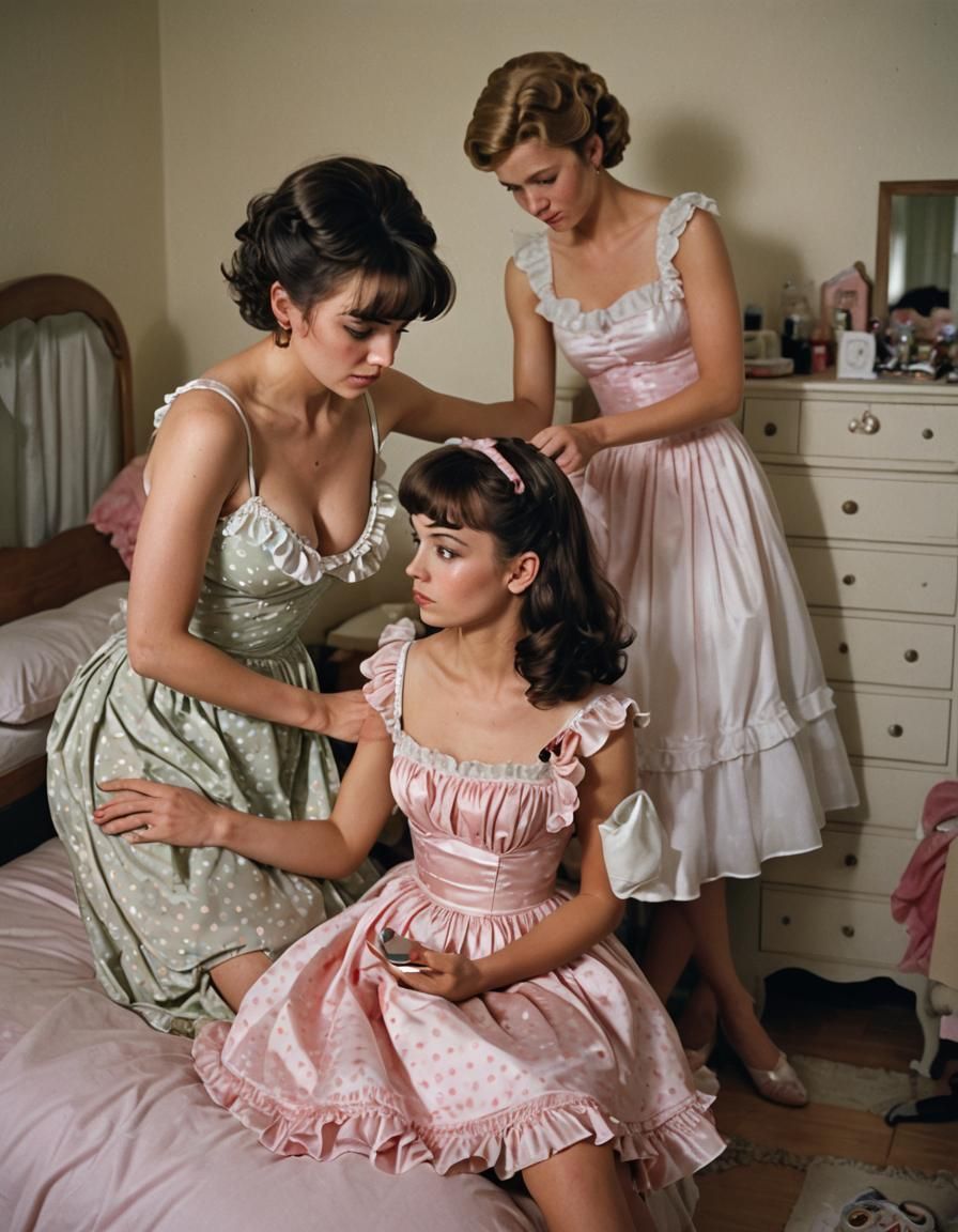 Boy Crossdressing Fixing Girl's Makeup: Cinematic Film Still