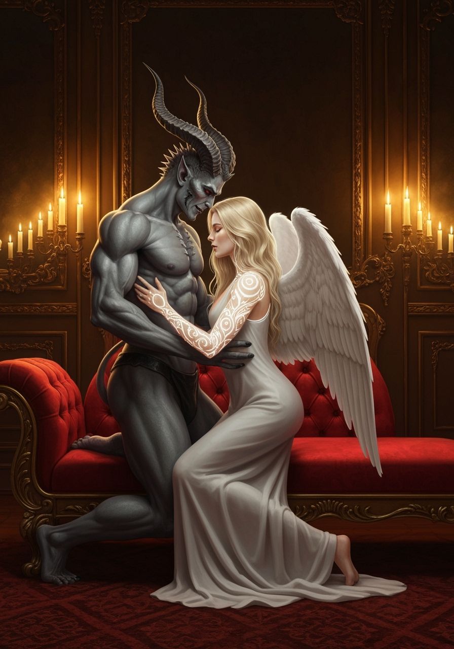 Demon and Angel Embrace in Baroque Bedroom