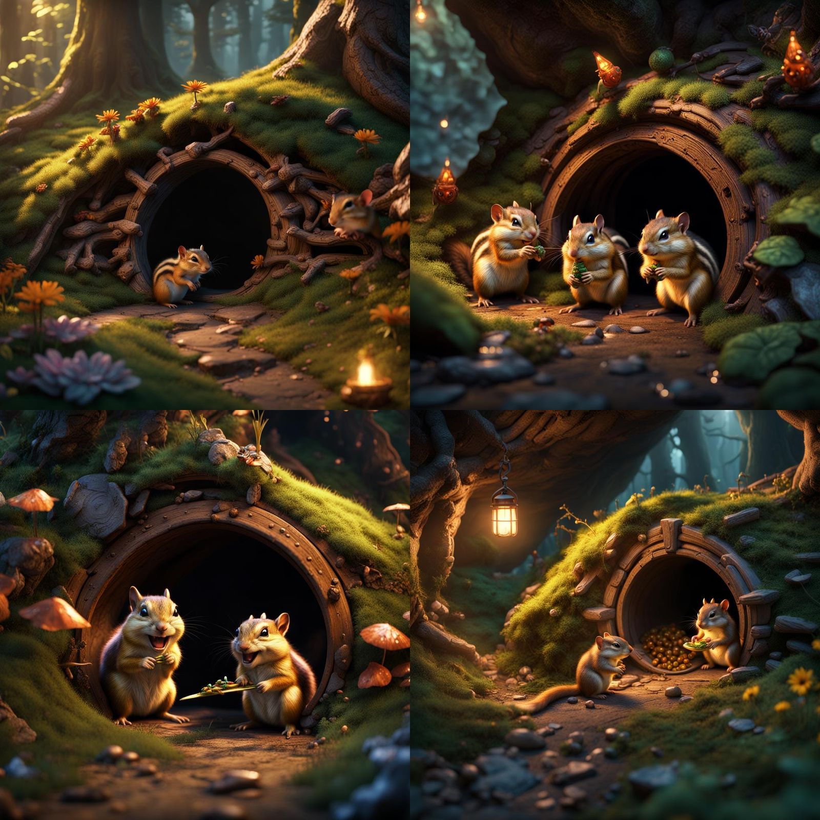 Chipmunks eating glowing caterpillars in a hobbit hole
