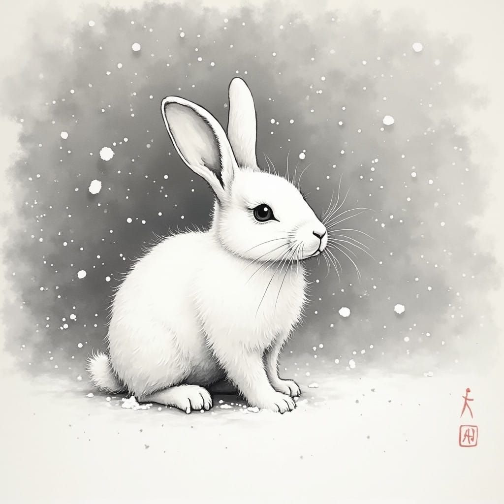 Elegant White Rabbit in Zen Snowstorm Landscape