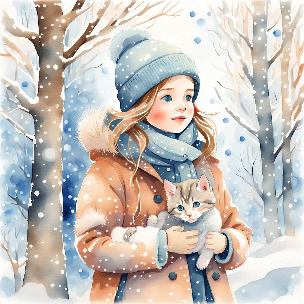 Girl with Kitten in Snowy Forest Watercolor
