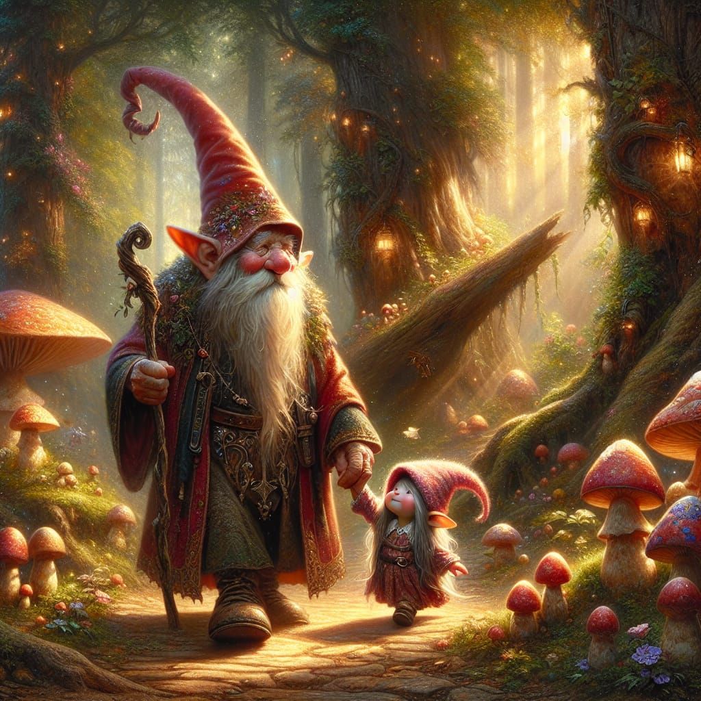 Gnome Grandfather and Granddaughter in Enchanted Forest