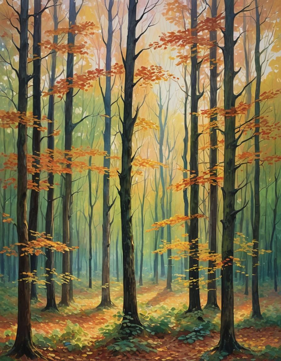 Forest Sunset in Impressionistic Style