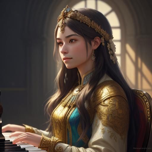 Girl Playing Piano in Alphonse Mucha Oil Painting Style