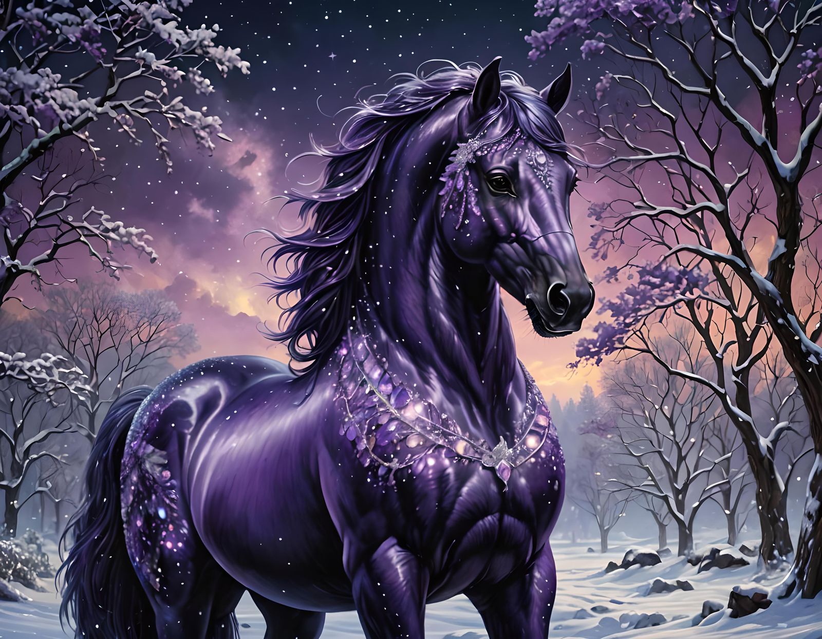 Amethyst Stallion in Winter Wonderland: Digital Art