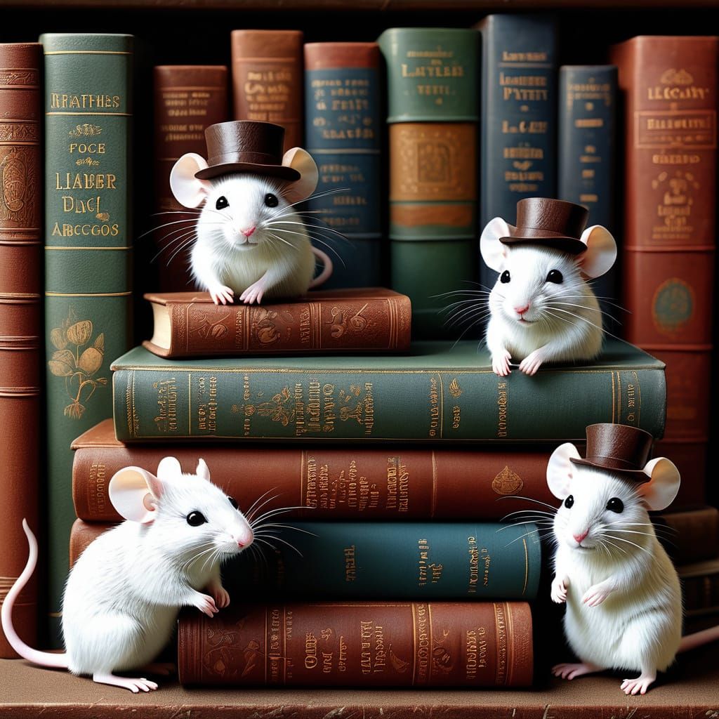 Whimsical Library Mice in Vintage Bookshelves
