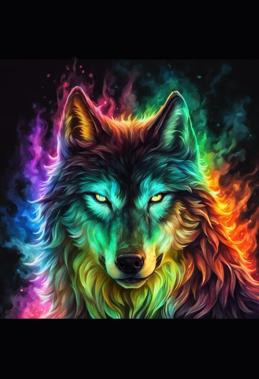 Hyperdetailed Colorful Fire Wolf Portrait