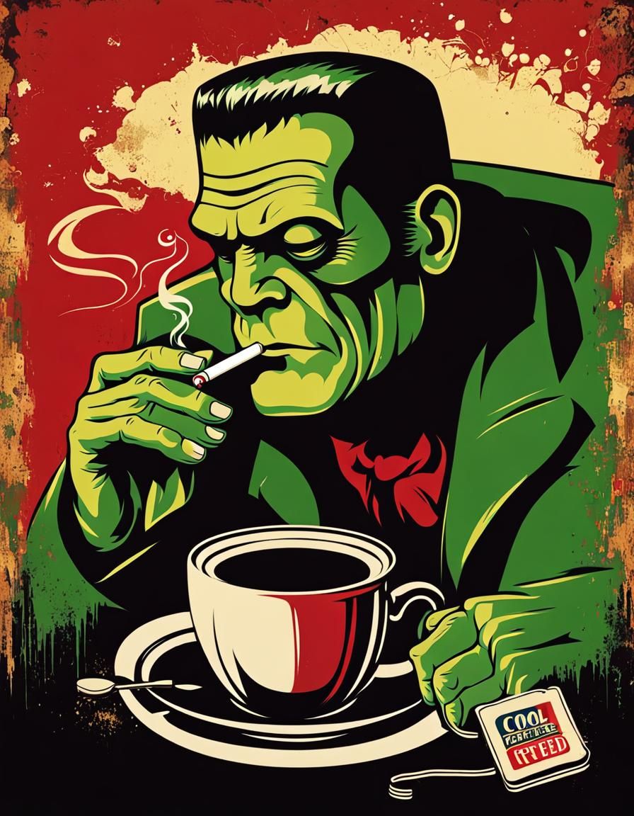 Frankenstein's Monster Drinks Coffee: Retro Poster Art