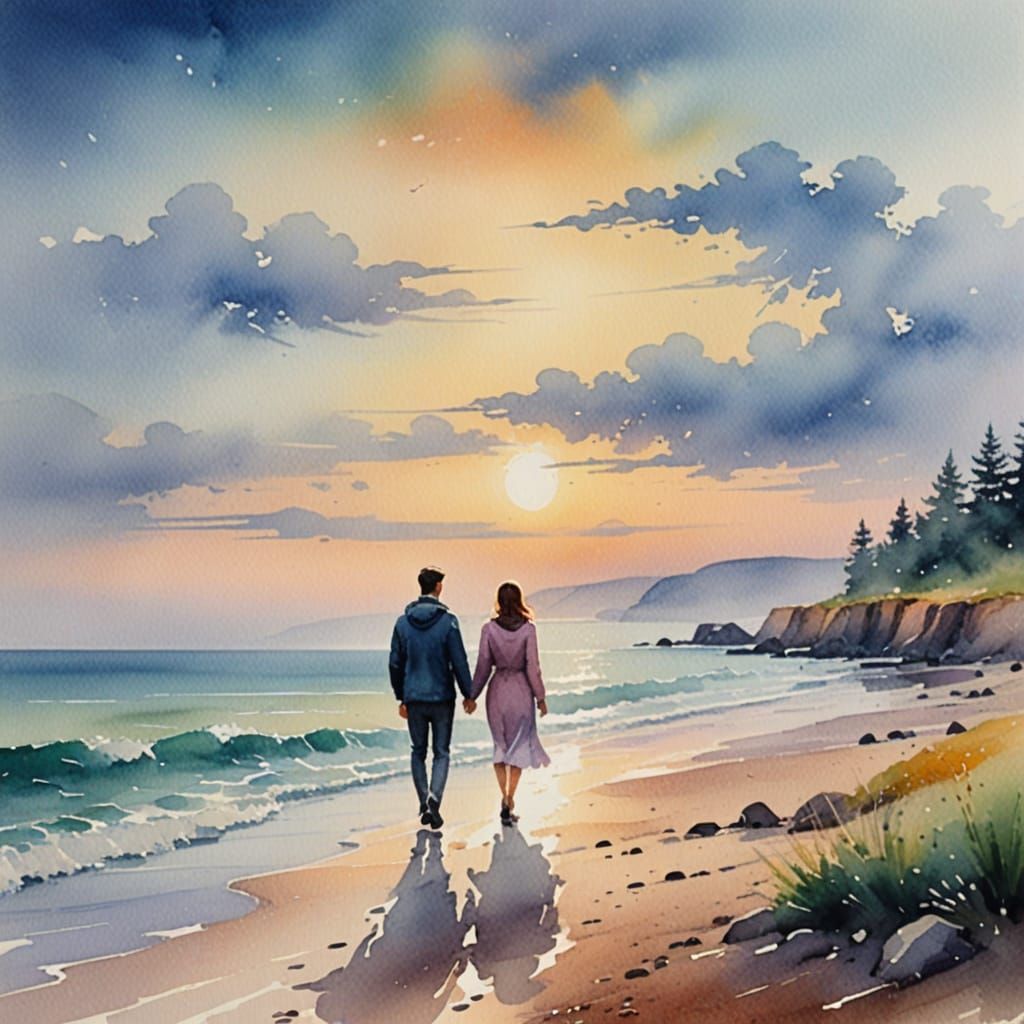 Couple Wander by Sea in Dreamy Watercolor Painting