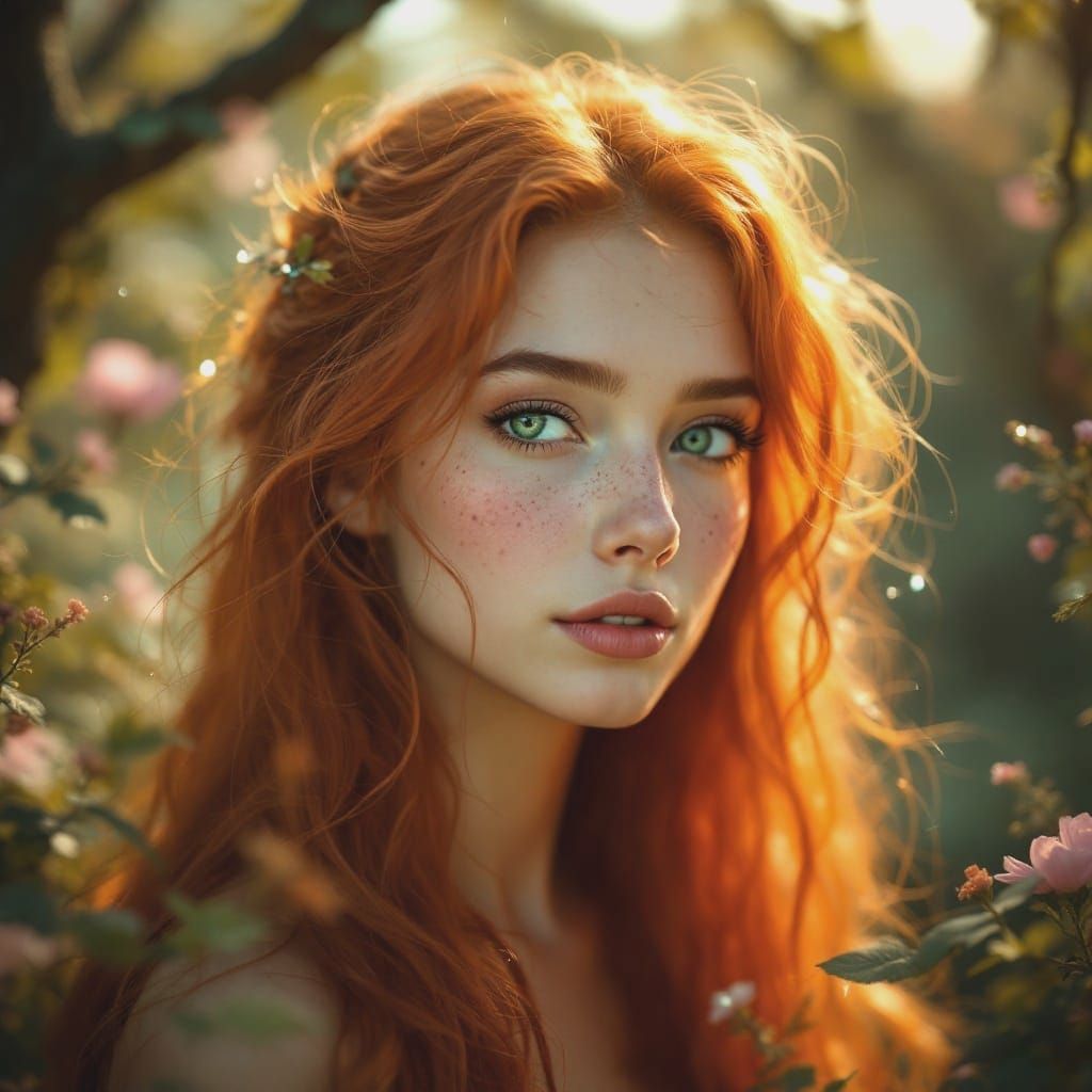 Ethereal Goddess with Radiant Green Eyes and Vibrant Red Loc...