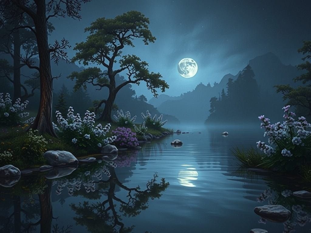 Twilight Lake Scene in Mystical, Dreamlike Style