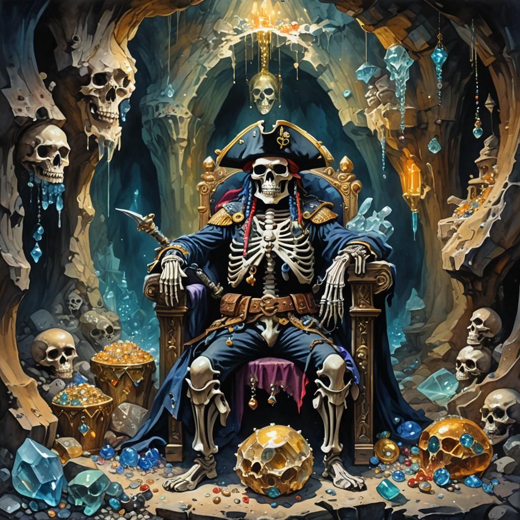 Skeleton pirate captain sitting on a throne in a cave full of jewels and treasure with stalactites and stalagmites, styl...