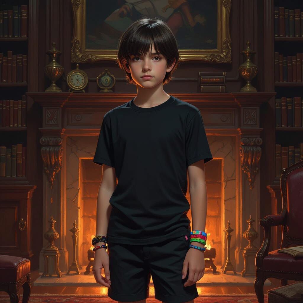 Streetwise Boy in Antique Library, Gothic Art Style