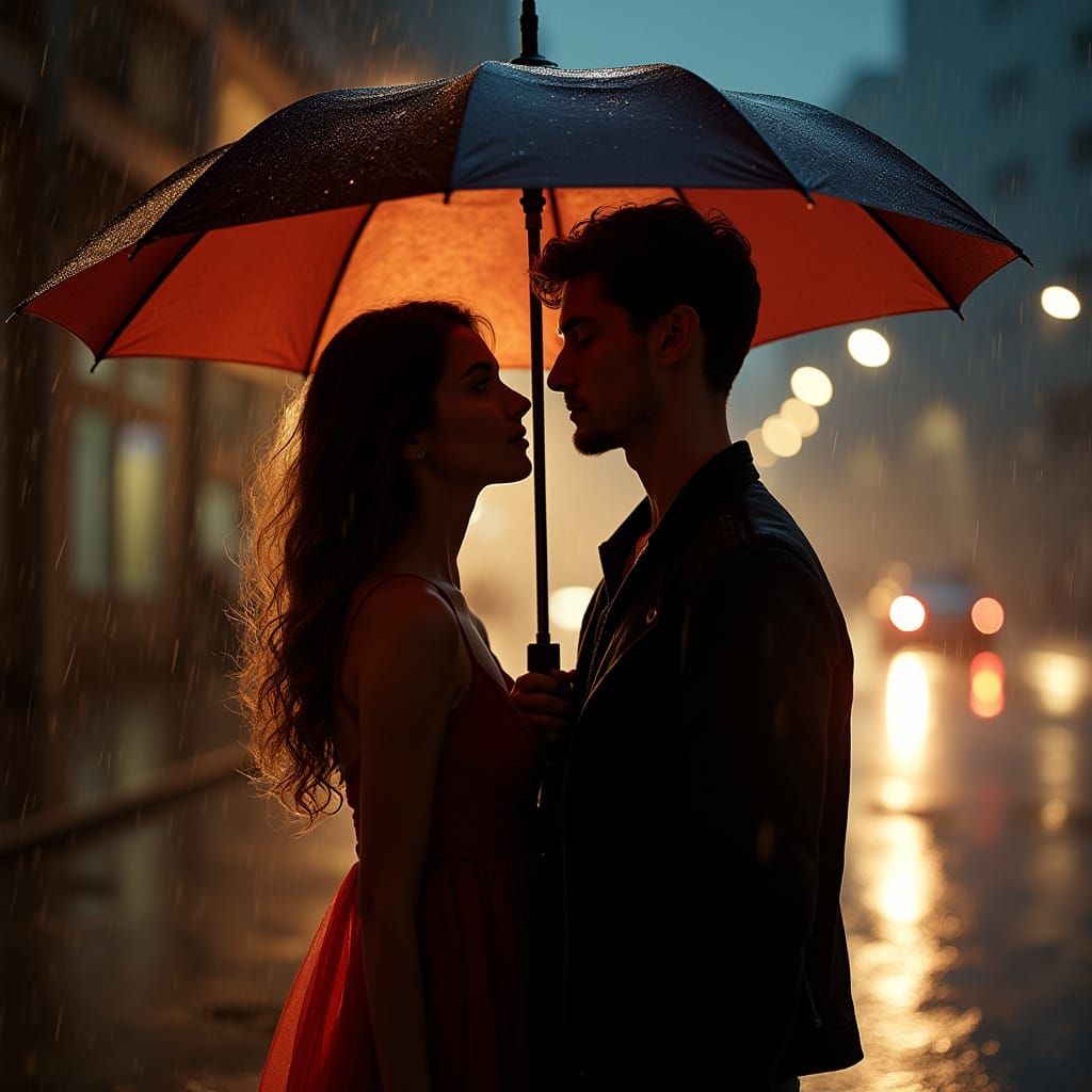 Romantic Cityscape under a Single Umbrella