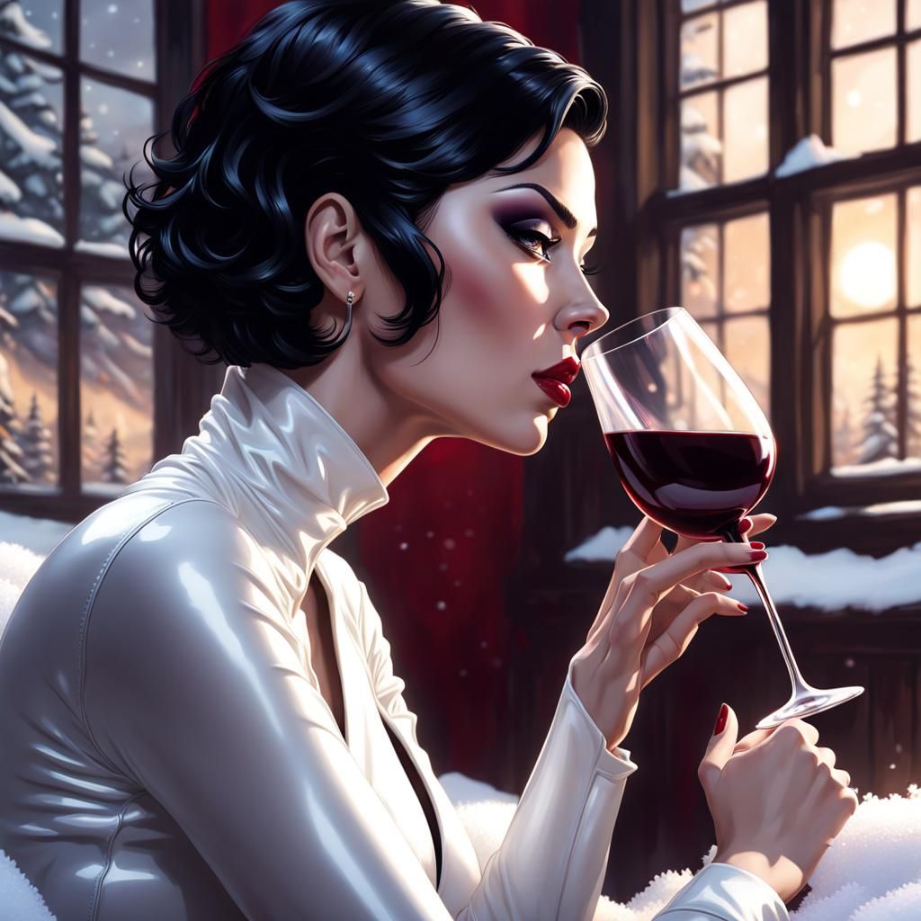 Pale Woman in Latex Drinking Wine