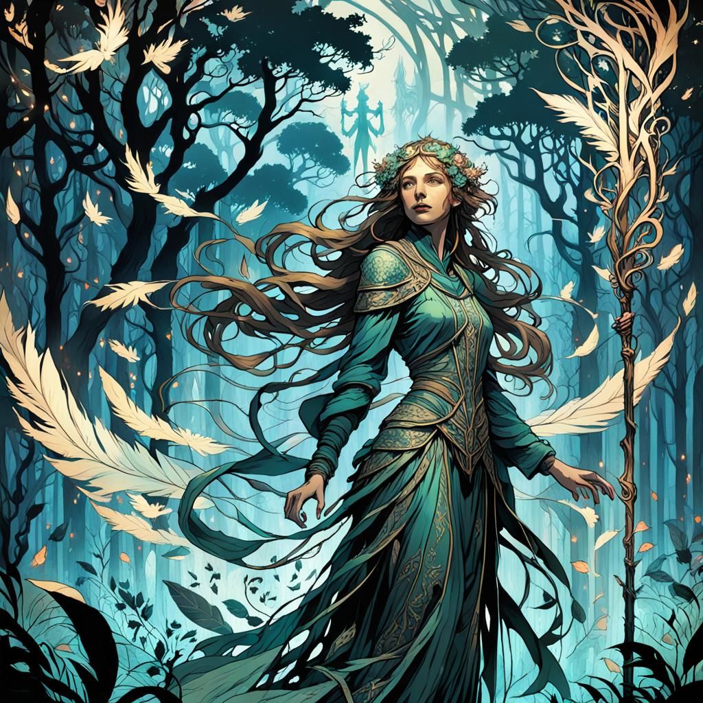 Mystical Forest Figure in Art Nouveau Style
