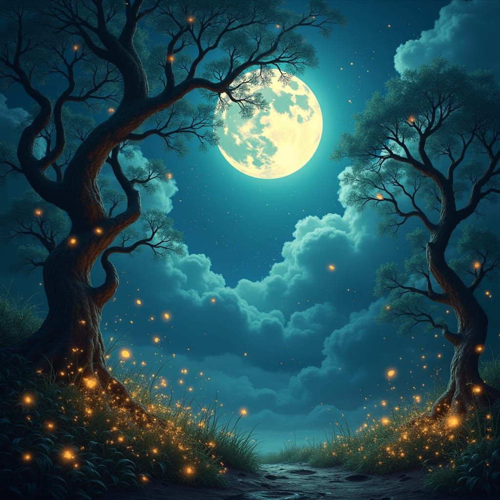 Ethereal Moonlit Landscape with Glowing Trees