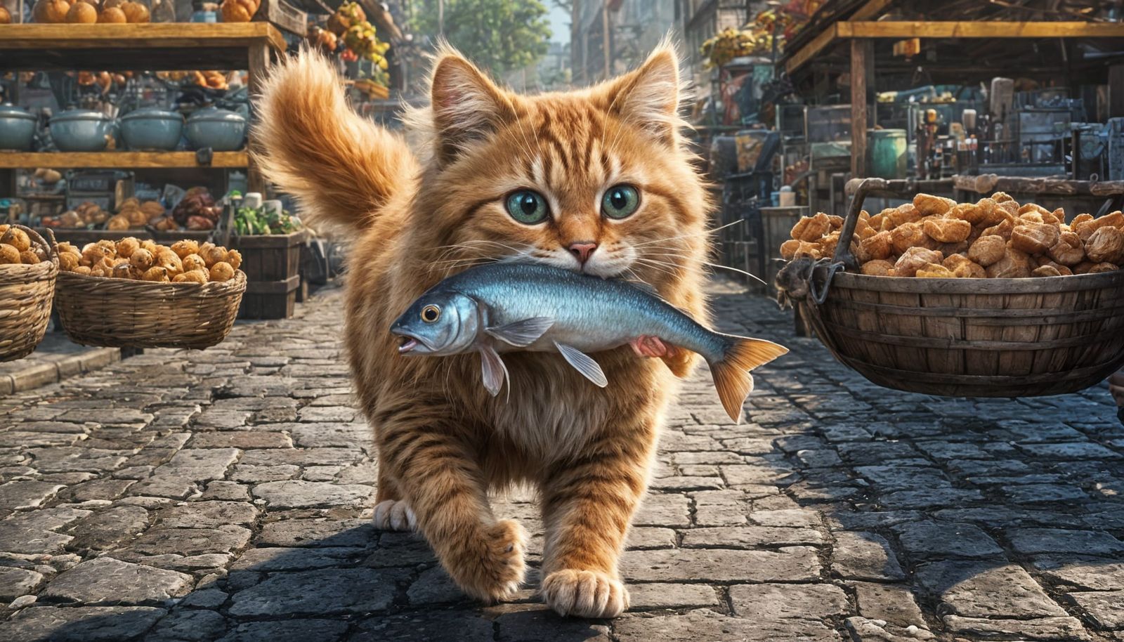 a cat carrying a fish in its mouth, popular on art station, ...