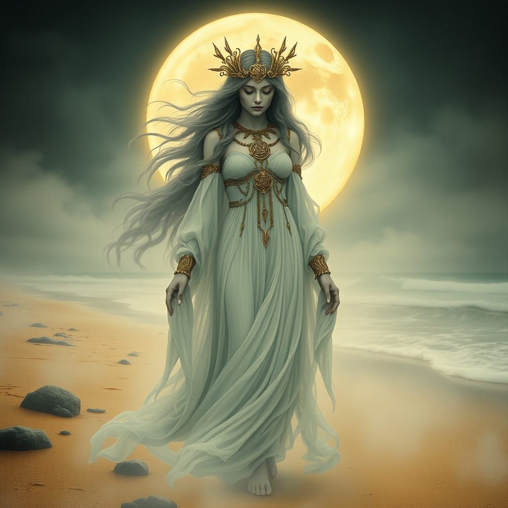 Celtic Goddess Emerges from Misty Beach in Art Nouveau Style