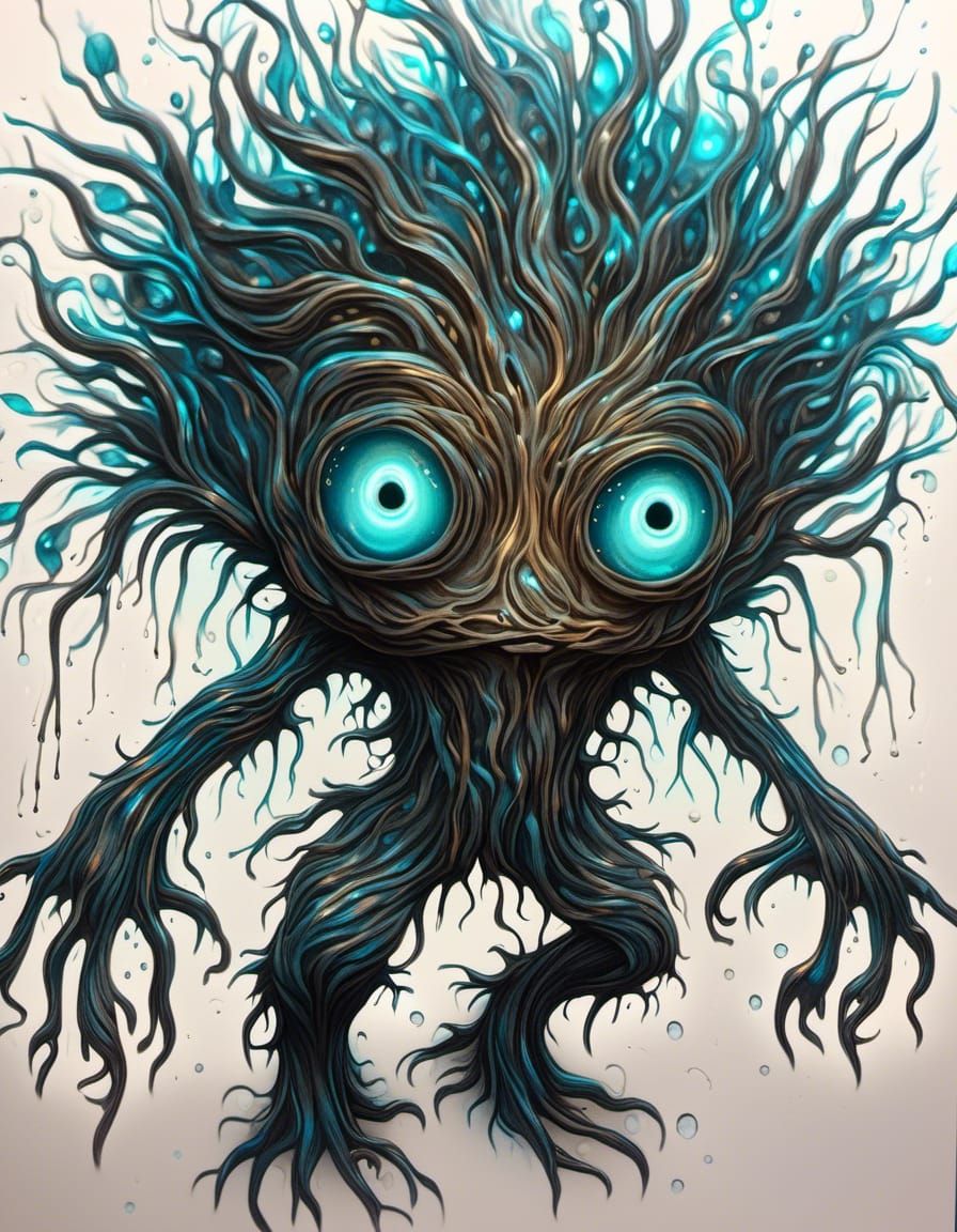 Bioluminescent Chibi Tree Monster Watercolor Illustration