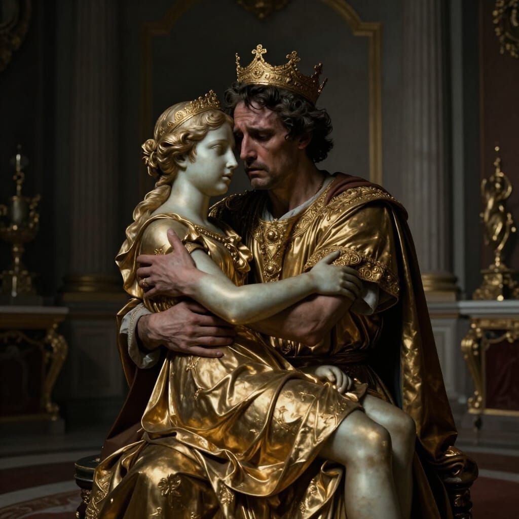 King Midas Mourns Golden Daughter in Somber Court