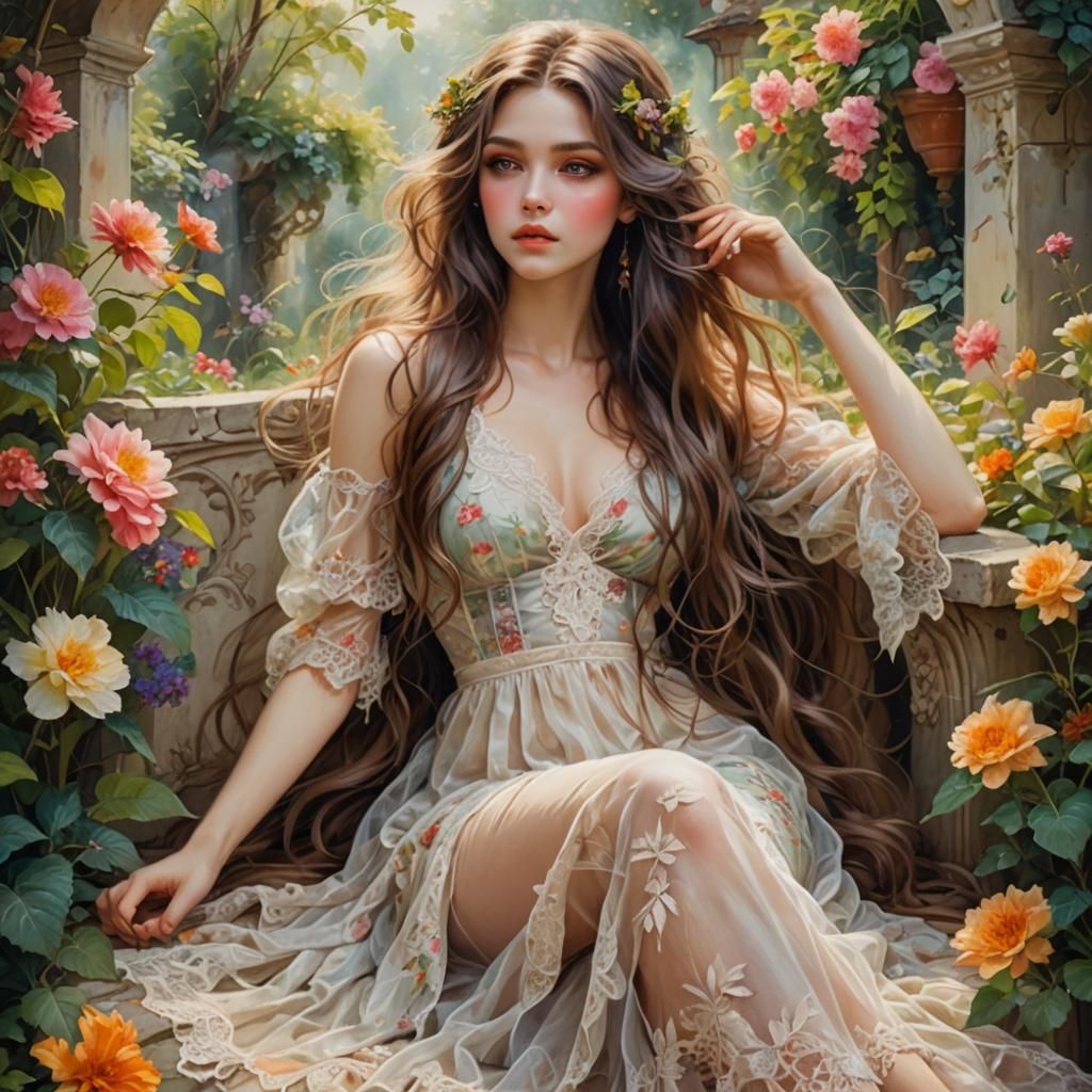 Flirty Woman in Garden, Color Painting Style