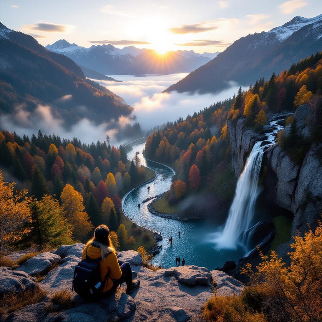 Sunset Overlook: Tourist Views Foggy Valley with Waterfall