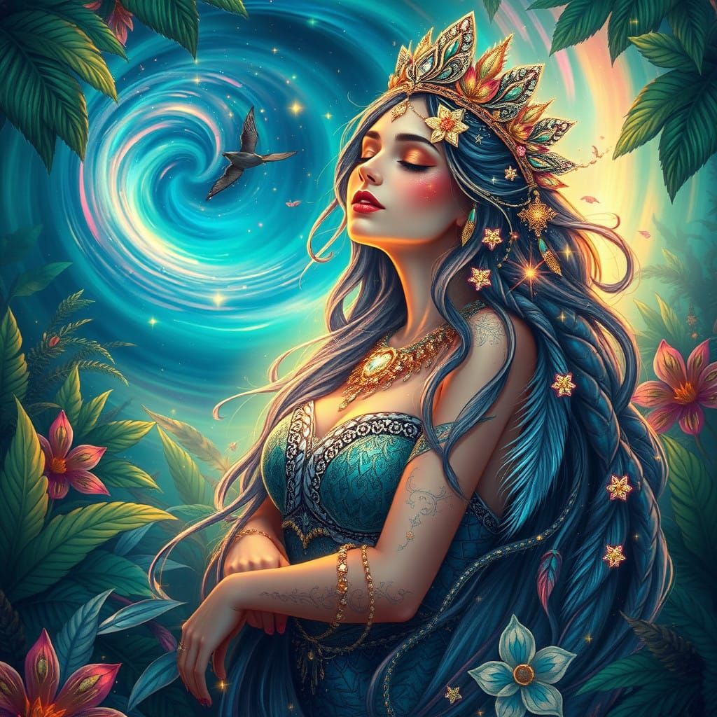 Mystical Princess of the Amazon in Cosmic Illustration