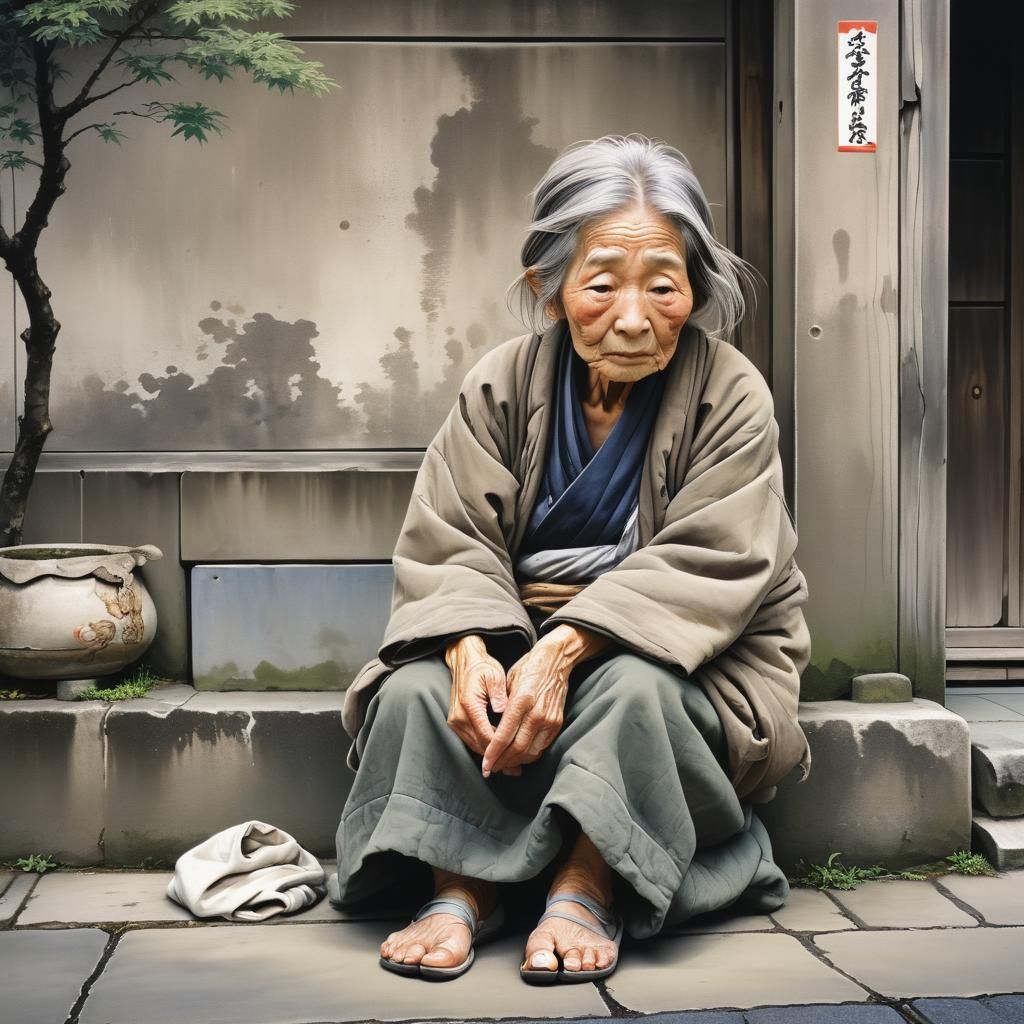 Japanese Woman Near Temple in Amano Style