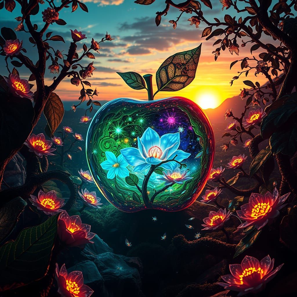 Surrealist Dreamscapes: A Mystical Apple in Ethereal Bloom