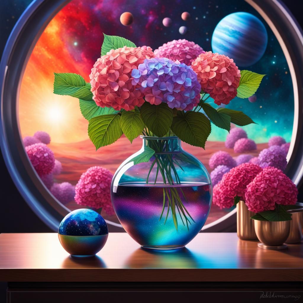 Astral Hydrangeas in Spaceship, Cosmic Still Life