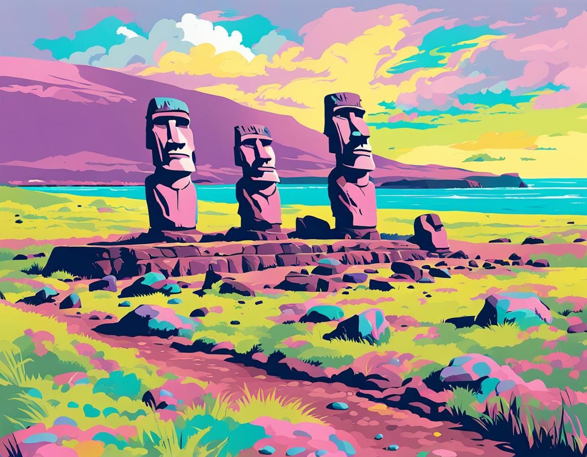 Pastel Easter Island Statues: A Serene Landscape
