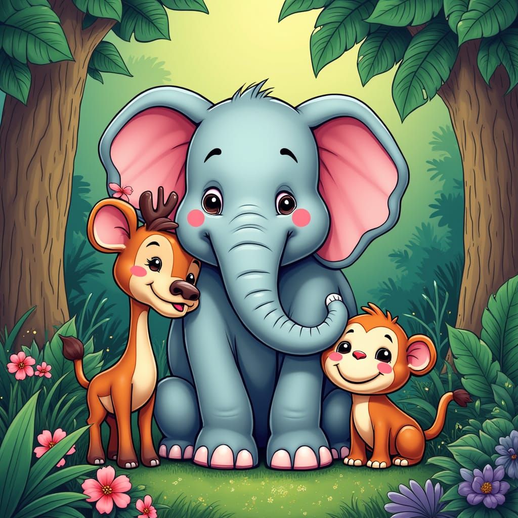 Cartoon Elephant, Deer, and Monkey in Jungle