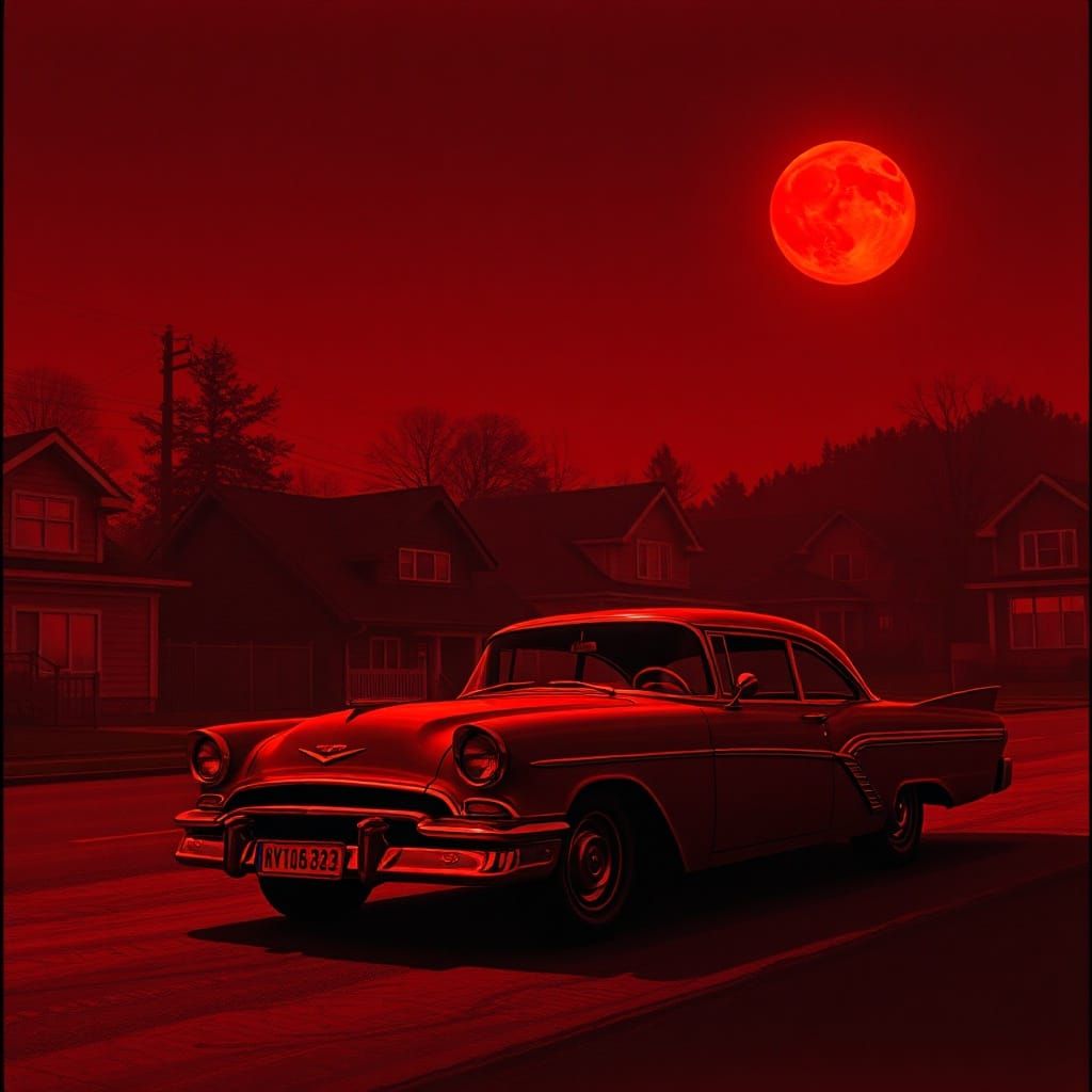 A monochrome crimson red neighborhood,