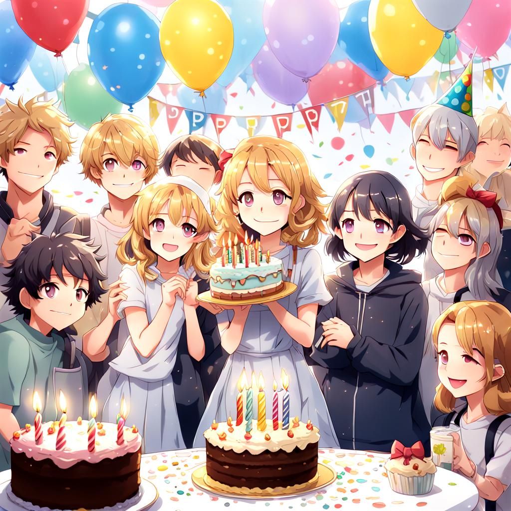 Anime Style: Woman with Kitten on Birthday Cake