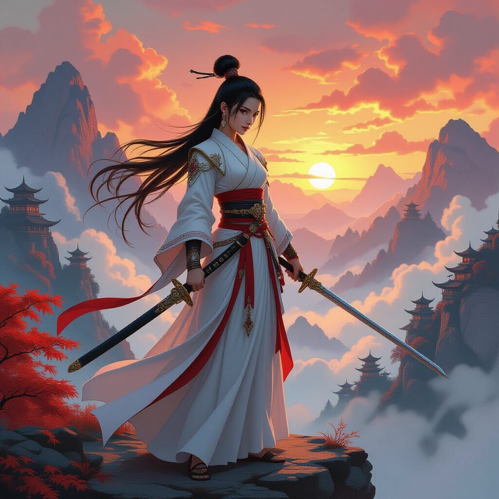 Asian Swordswoman on Cliff Edge in Cinematic Style