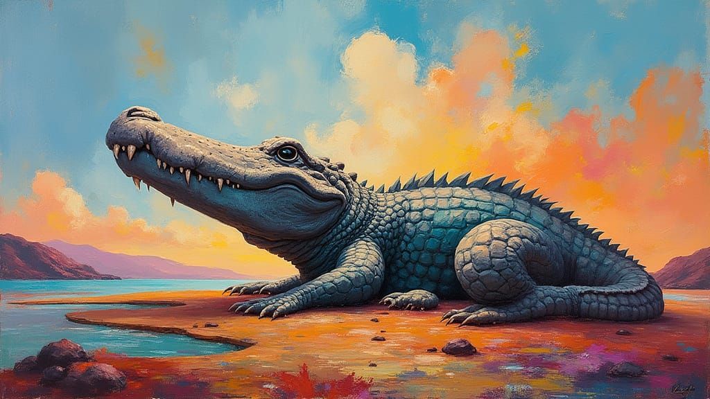 Crocodile Rock in Vibrant Impressionist Landscape