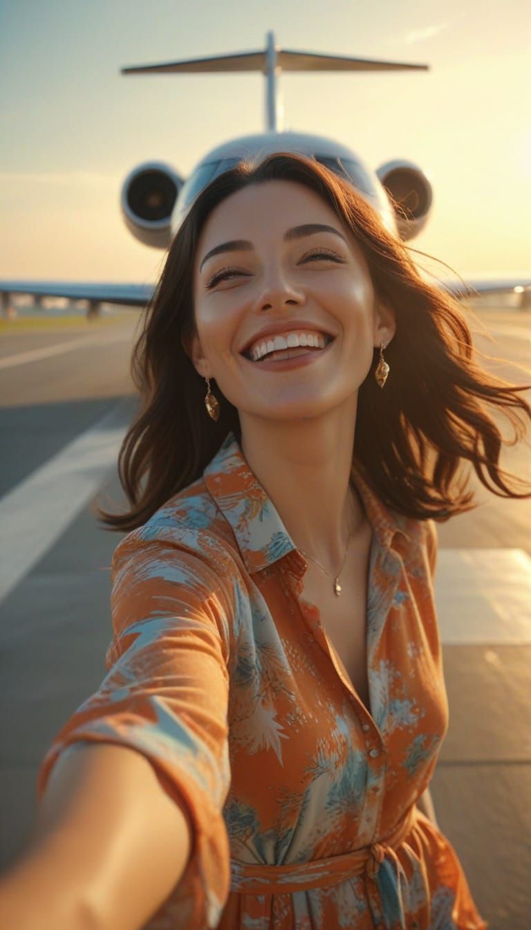 Woman Smiling on Airport Runway with Private Jet