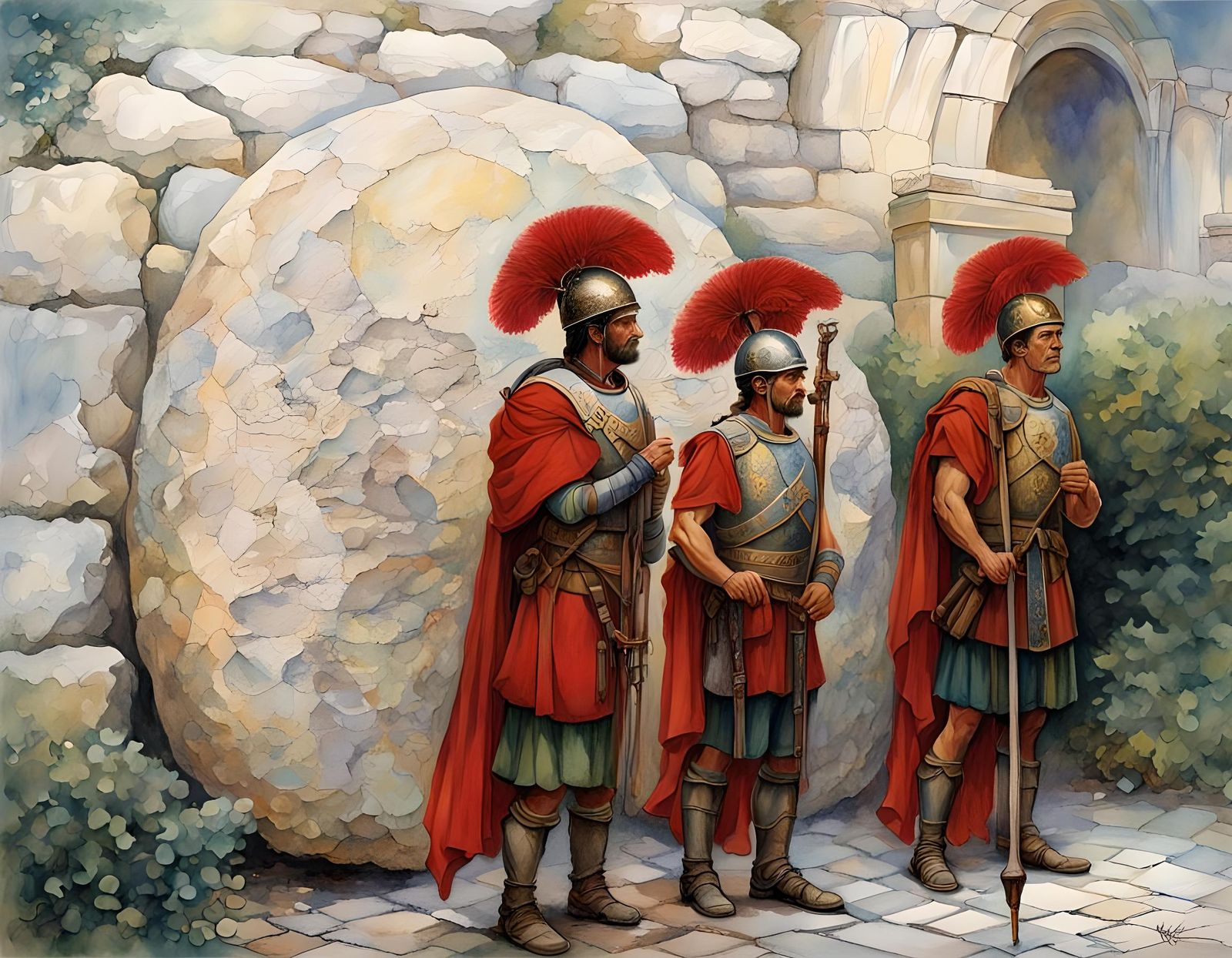 Roman Soldiers Guard Tomb in Watercolor Style