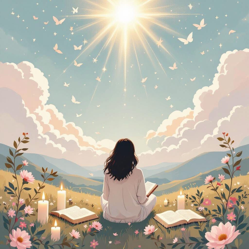 Spiritual Serenity: Woman in Dreamy Sky with Symbolic Elemen...