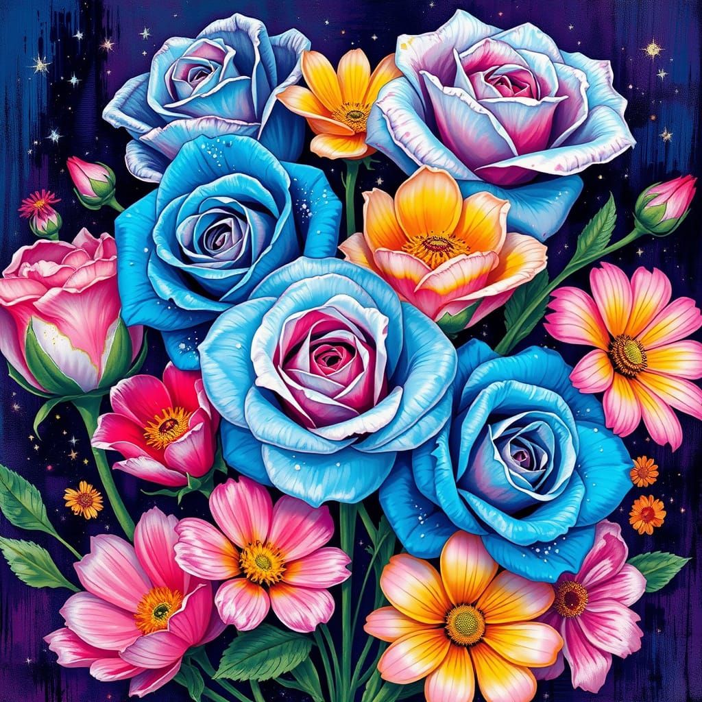 Galaxy Blooms: Vibrant Roses, Tulips, and Daisies in Cosmic ...