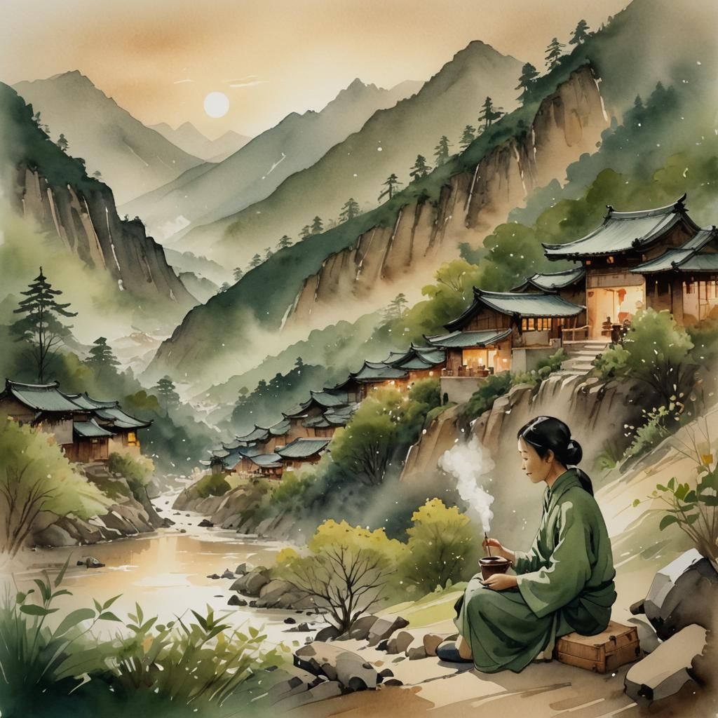Serene Mountain Village: Asian Watercolor Tea Scene