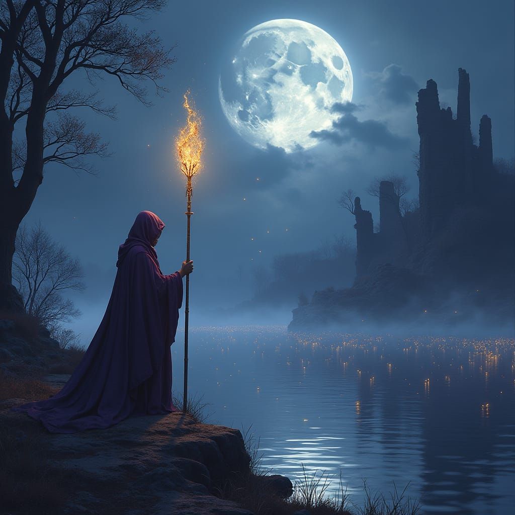 Mystical Mage Basks in Moonlit Lake's Ethereal Glow