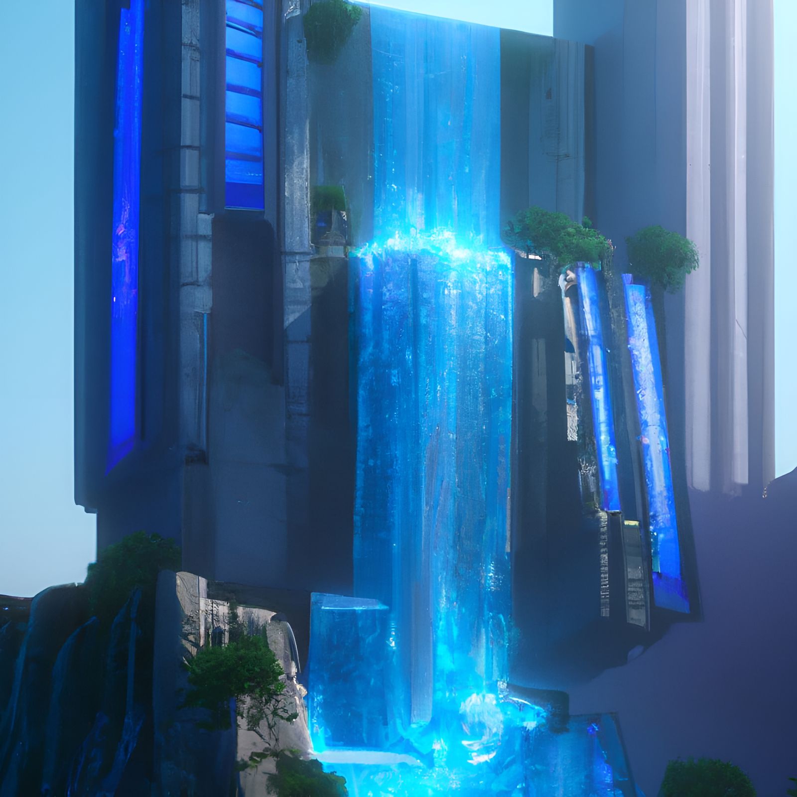 Cyberpunk Skyscraper Waterfall in a Futuristic City