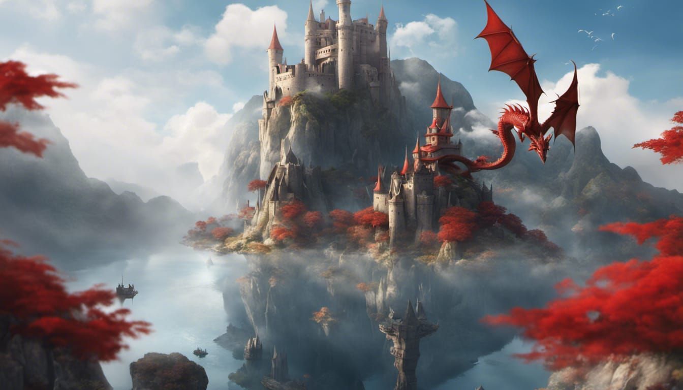 Floating Castle City with Dragons in the Sky