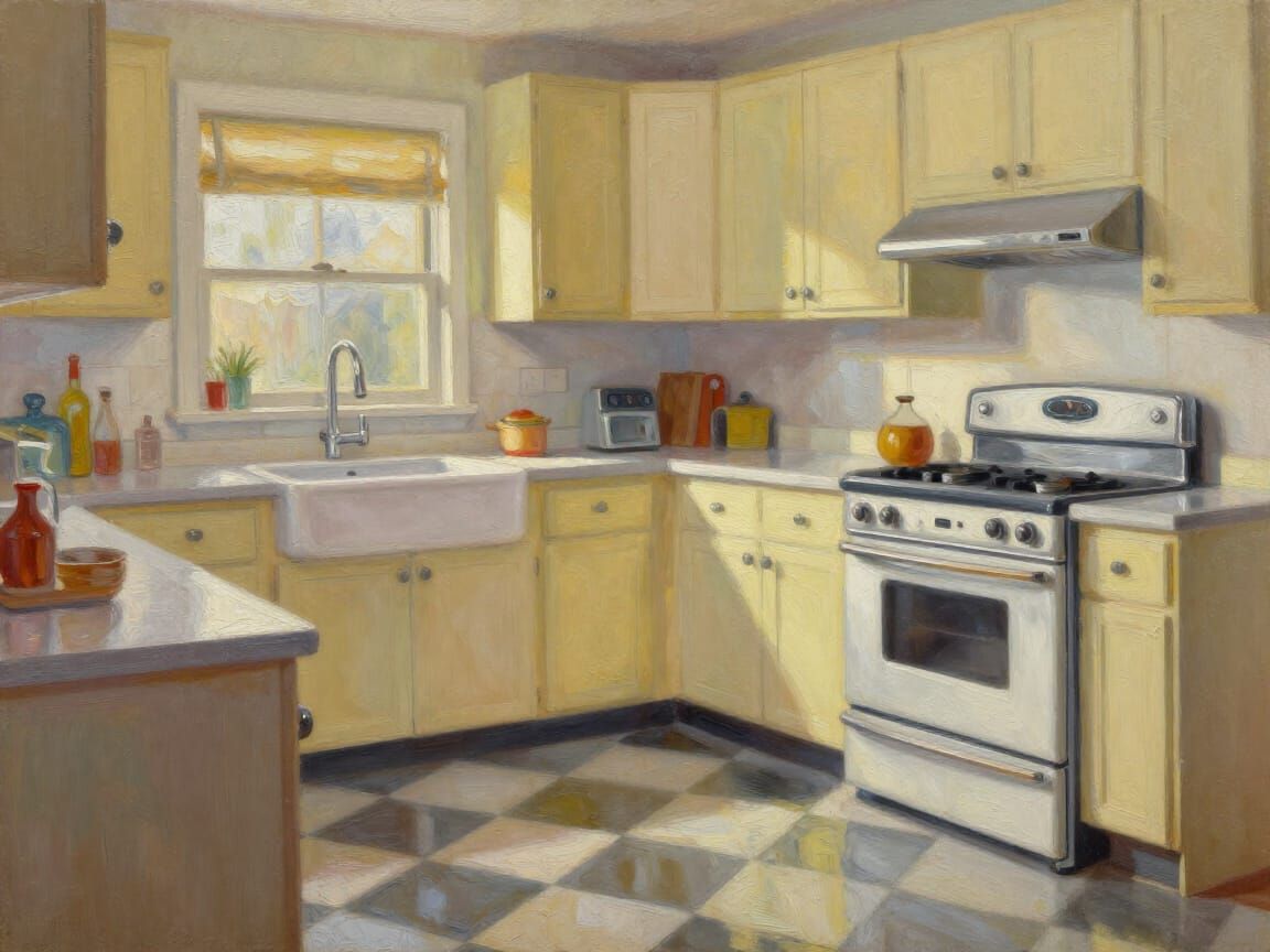 1950s American Kitchen Oil Painting with Gleaming Chrome