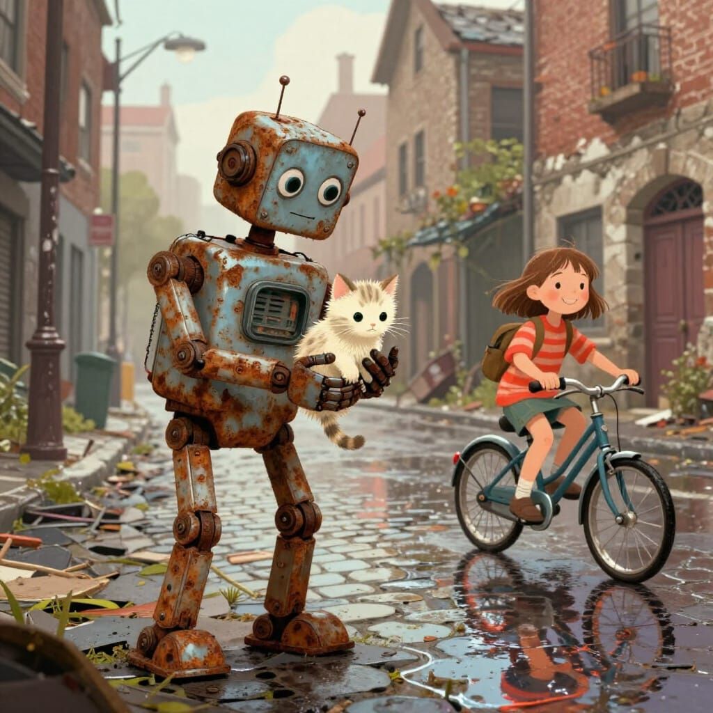 Robot Cradles Kitten Beside Girl on Wet Street
