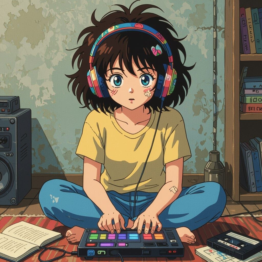 Anime Girl with Retro Headphones and Mixing Table